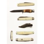 Five ivory scaled pocket knives and two