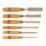 A set of 6 small paring chisels by MARPL