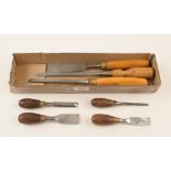 Four short bevel edge chisels by CROWN and three other chisels G