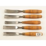 Five bent back gouges with beech handles G+