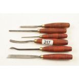 Six carving tools by SORBY and WARD with matching beech handles G+