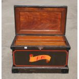 A coach makers lockable pine chest 38" x 23" x 22" with two banks of 6 mahogany trays. The lid