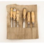 A set of six chisles by MARPLES 1/2" to 11/2" with hooped ash handles G