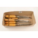 A little used set of seven mortice chisels by MARPLES 1/8" to 3/4" with orig trade label on boxwood