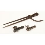 A 15" pair of wing dividers and a hand vice by W & C WYNN and another hand vice by WYNN TIMMINS G