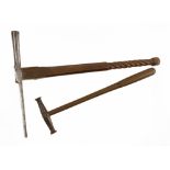 A French upholsterers strapped hammer by BLANCHARD a Paris with rope turned cormierwood handle and