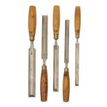 A set of 5 bevel edge paring chisels by MARPLES 5/8" to 1 1/4" with ash handles G+