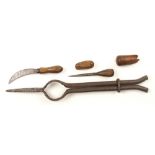 Five basket makers tools, a rare peeling brake, 2 boxwood cleavers,