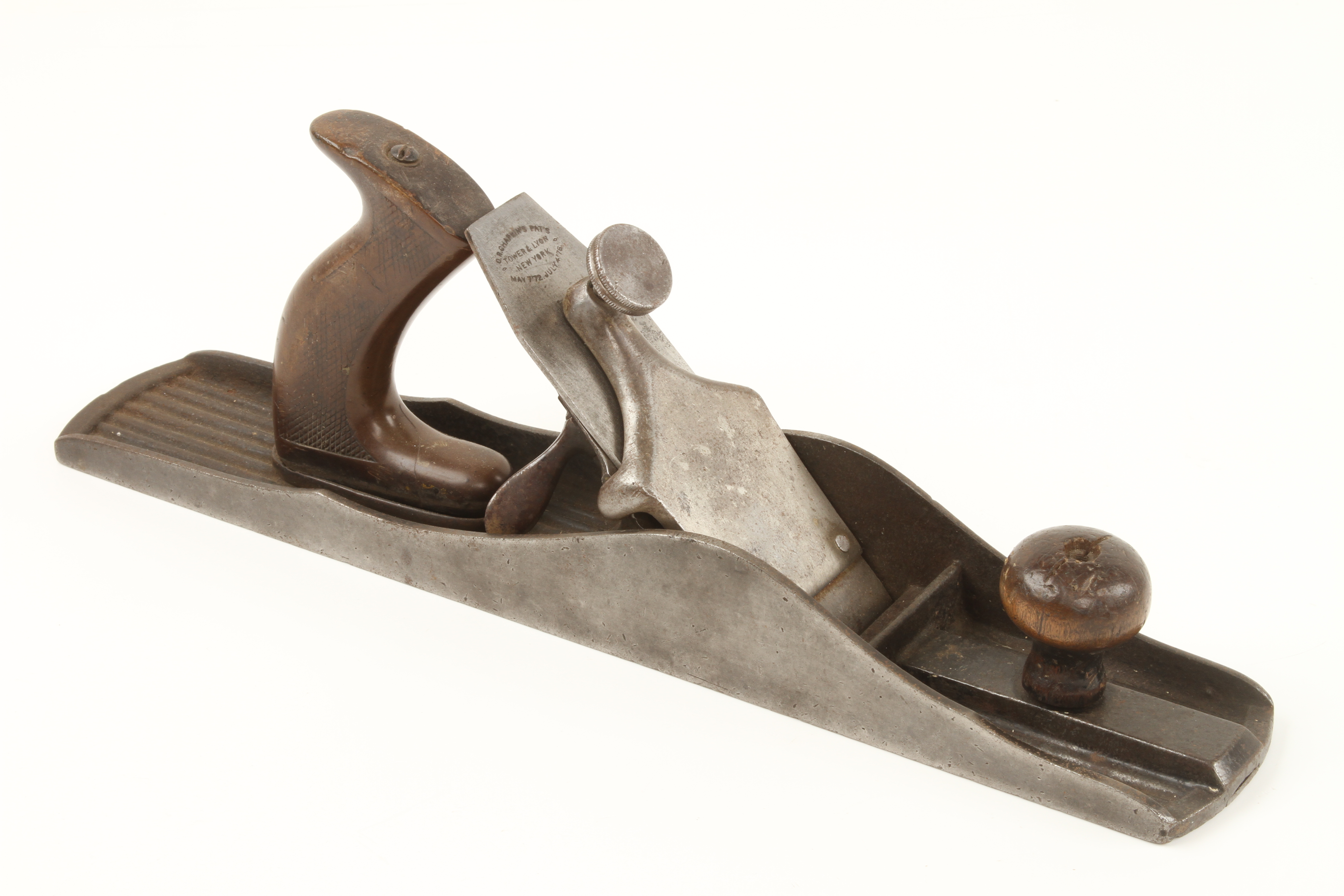 A rare 14 3/4" TOWER & LYONS Chaplin's Patent jack plane with corrugated sole and vulcanised rubber