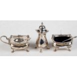 A three piece silver cruet comprising a