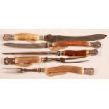A five piece carving set with stag horn