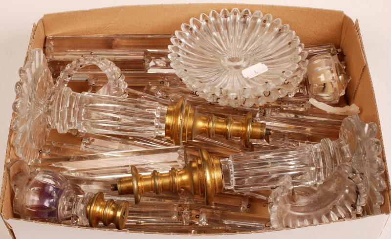 A pair of glass candlestick lustres with gilt brass mounts. Damage. Condition Report: one of the
