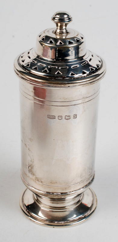 An Art Deco silver caster of cylindrical