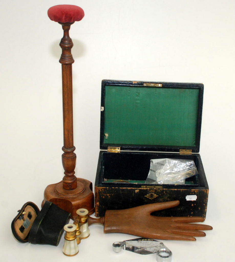 A turned and fluted wood wig stand, a wo