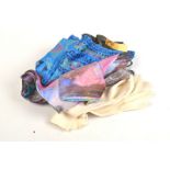 Four vintage silk scarves, together with two pairs of leather gloves.