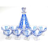 A continental Art Deco blue flask decanter and nine matching sundae glasses with angular bowls and