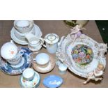 Victorian teaware and a narrow, shallow bowl, a German ornate table centre etc.  Damages.