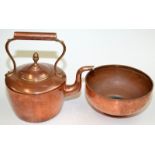 A copper kettle with an acorn finial, and a copper bowl.