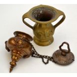 A small pendant bronze incense burner with three mask hangers and a brass Art Nouveau twin handle