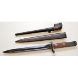 A WWII German K98 bayonet with metal sheath, and a similar British bayonet with scabbard.