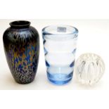 A Whitefriars glass vase, a Brierley studio glass vase and one other glass vase.