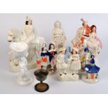 Five Staffordshire models, a Parian figure and three other pieces.  Condition Report: Glaze cracks