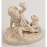 A coteland haviand pattern model of a baby boy protecting a pet bird from a dog. Impressed marks,