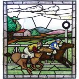 A pair of rare steeplechase leaded stained glass panels, each decorated with a horse racing scene.