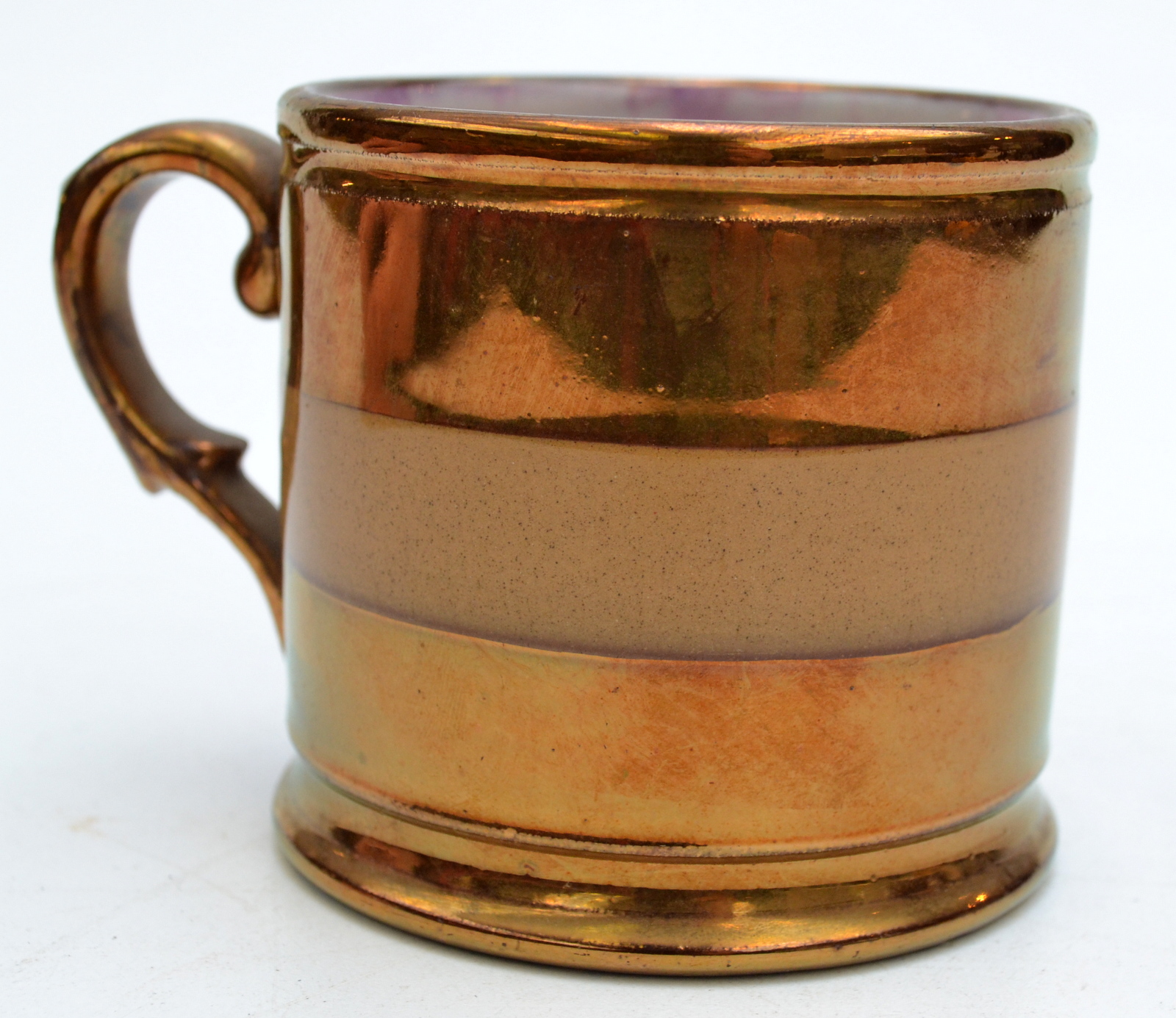 A rare cylindrical copper lustre small mug, named L. Price, dated 1826.