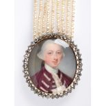 An exceptional early George III miniature with diamond set gold mount, the portrait depicts a