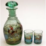 A soda glass decanter in Georgian style, enamelled with a hunting scene,