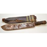 A native machete type knife with a leather handle and sheath.