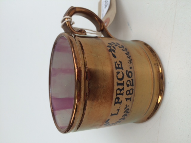 A rare cylindrical copper lustre small mug, named L. Price, dated 1826. - Image 2 of 2