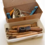 A box of copper chisels, a 1950s Spong mincer No.301, in its original box, etc.