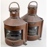 A pair of ship's copper navigation lamps, each height 40cm, excluding handles.