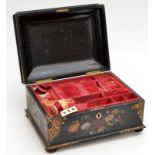 A Victorian papier mache sewing box with mother of pearl inlay and gilt decoration. Condition