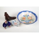 A French faience bowl, a boot warmer, a double mussel majolica salt etc.