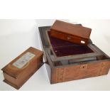 An inlaid walnut writing slope and two other boxes.