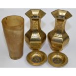 A pair of Chinese hexagonal brass vases with cast character marks,