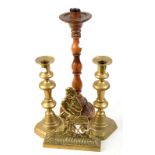 A cast brass sailor hearth ornament, a pair of brass candlesticks and one other candlestick etc.