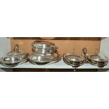 A pair of entree dishes and lids with a stand, together with three other entree dishes and lids,