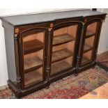 A Victorian reverse breakfront credenza, ebonised and with satinwood inlay,