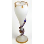 A Victorian translucent glass, tall tulip vase, the stem entwined with a blue glass gilt snake,