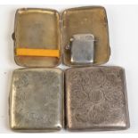 Three engraved silver cigarette cases and a vesta case, 9oz.