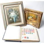 A stamp collection in Strand album, together with two paintings.