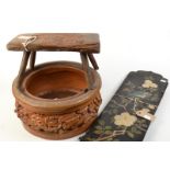 A country made foot stool and a Victorian moulded salt glazed stoneware plant pot,