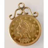 An American gold 2 1/2 dollar 1907, with pendant scroll mount, 4.6g.