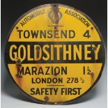 An enamelled Automobile Association, Safety First, yellow and black circular sign,