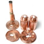 A pair of copper tea caddies by Sankey and three other copper pieces.