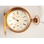 A Waltham gold plated full hunter, cased, small pocket watch engraved with birds and foliage,